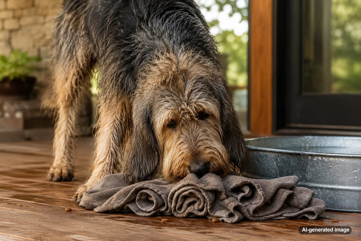 Otterhound enjoying water and scent enrichment activities outdoors