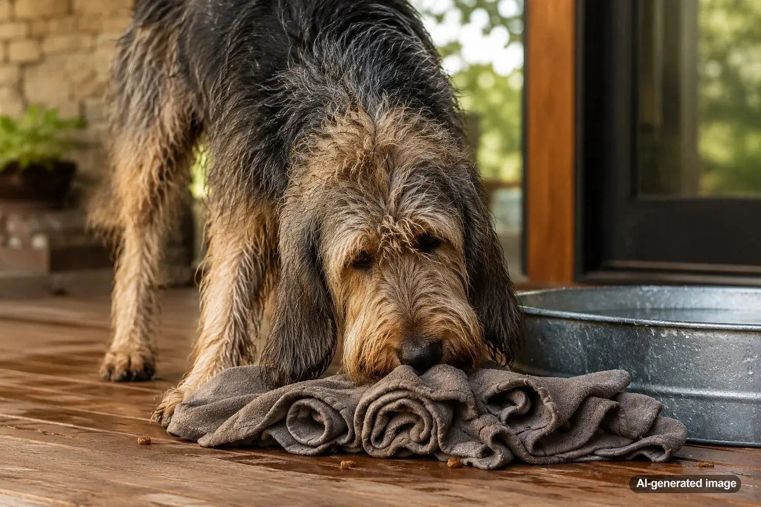 Otterhound enjoying water and scent enrichment activities outdoors