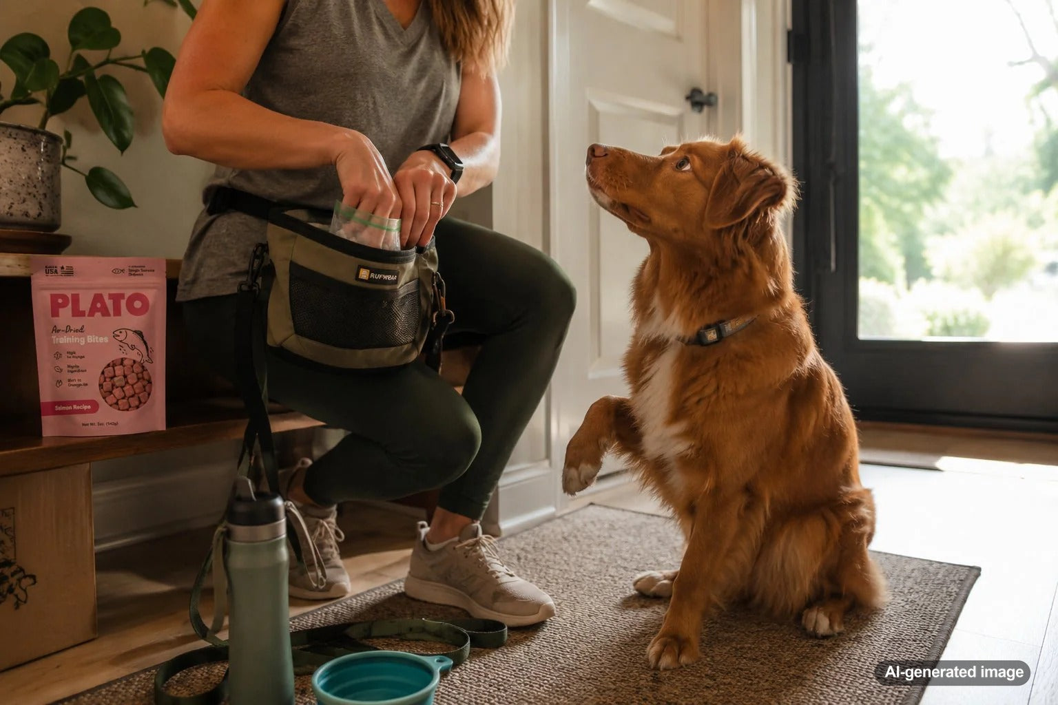 Dog training outdoors in summer with treats being used during a walk to reinforce good behavior
