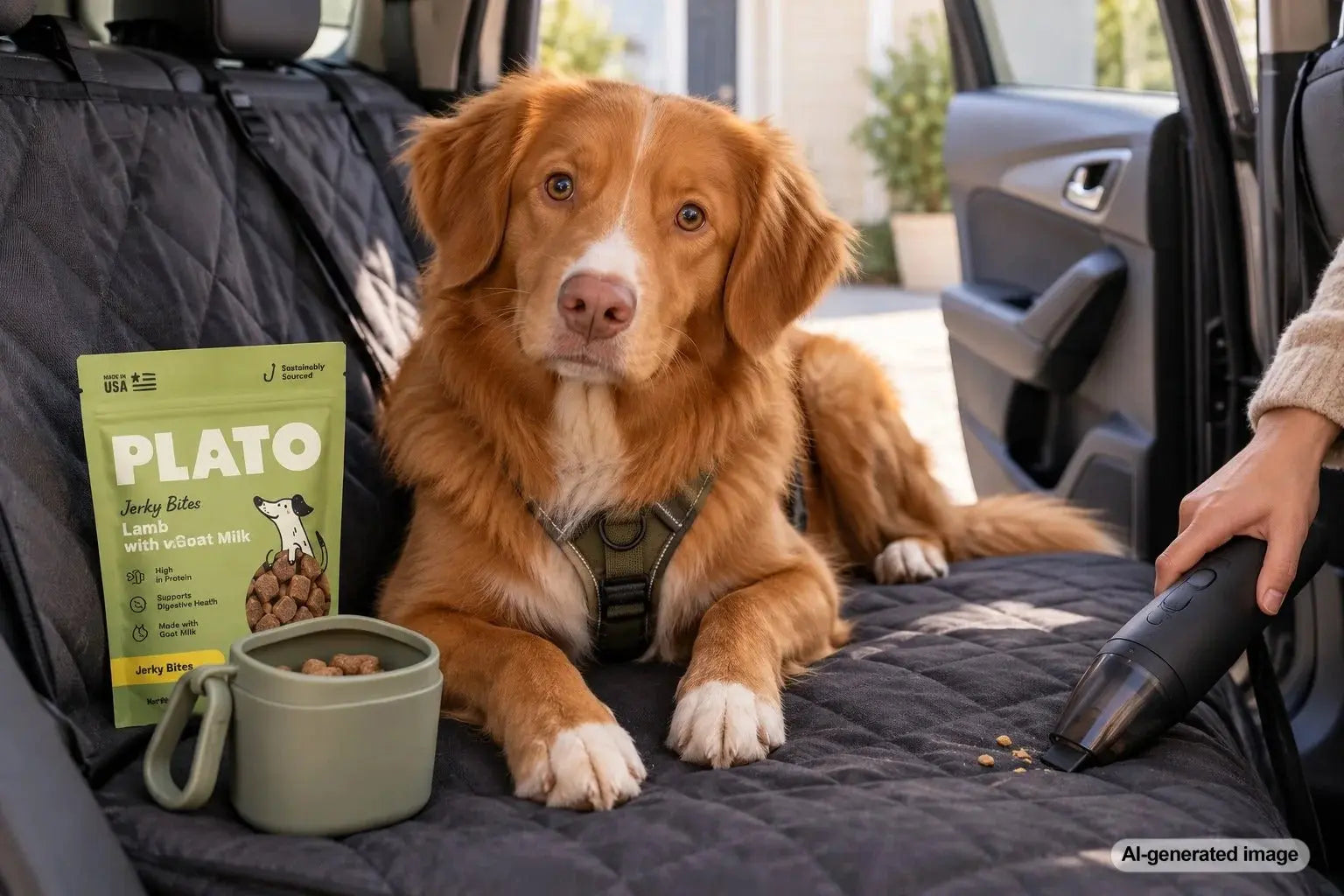 Dog owner organizing travel treats to keep treat crumbs out of the car