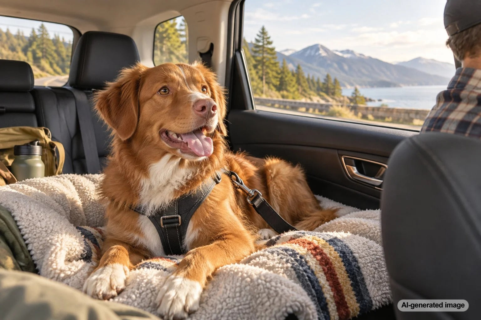 Dog riding comfortably in a car during a long scenic drive