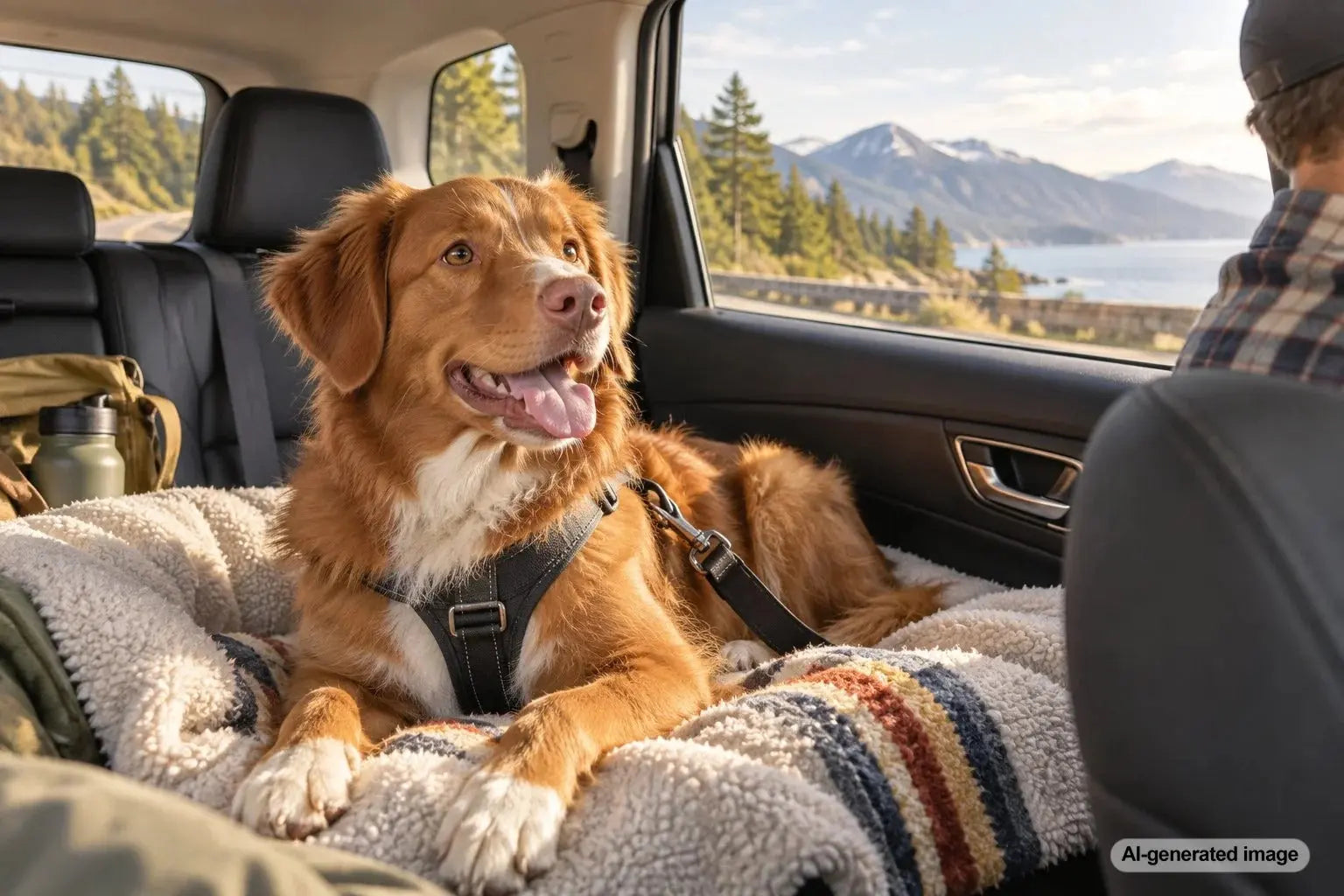 Dog riding comfortably in a car during a long scenic drive