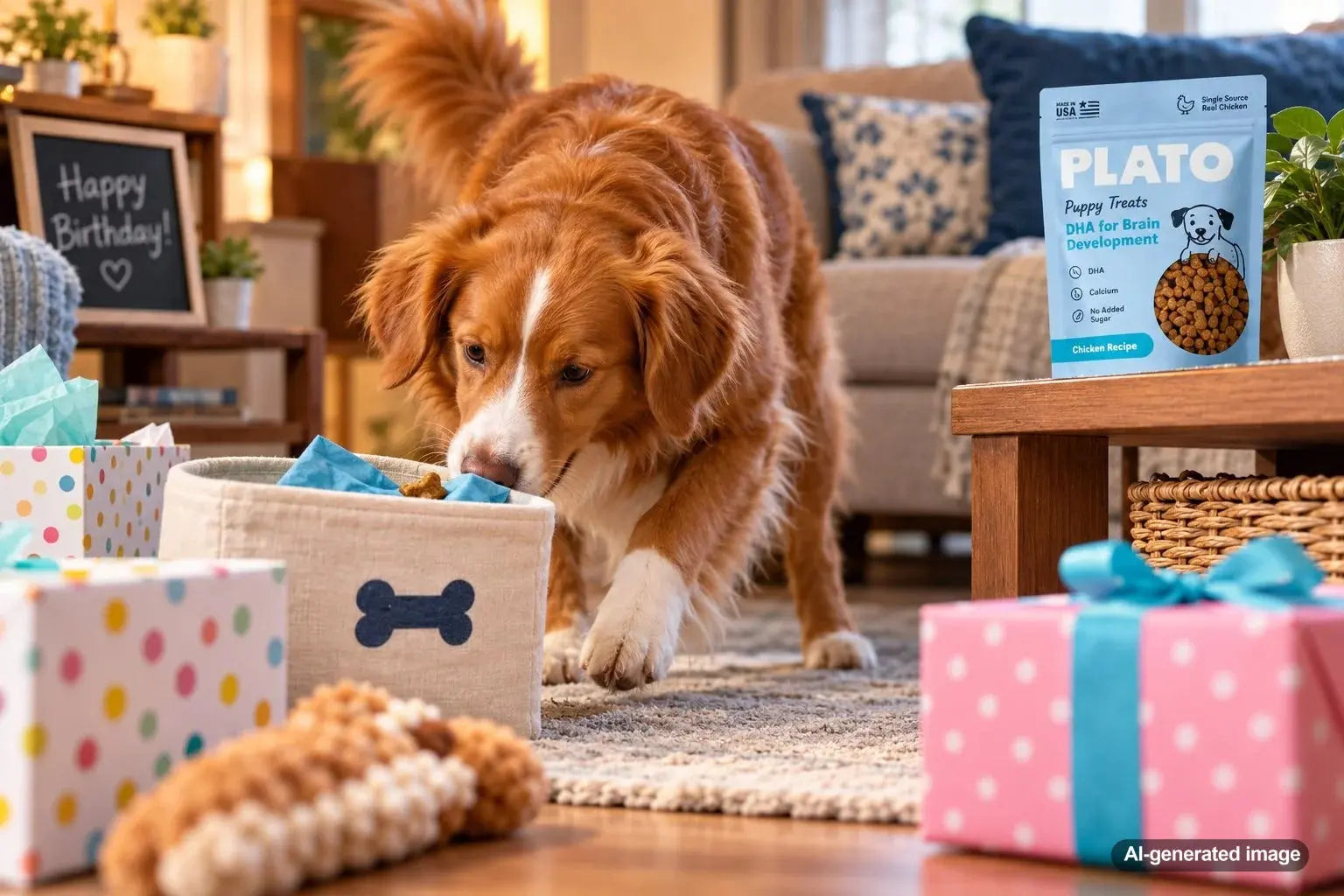 Dog enjoying a birthday treasure hunt with hidden treats and playful enrichment activities