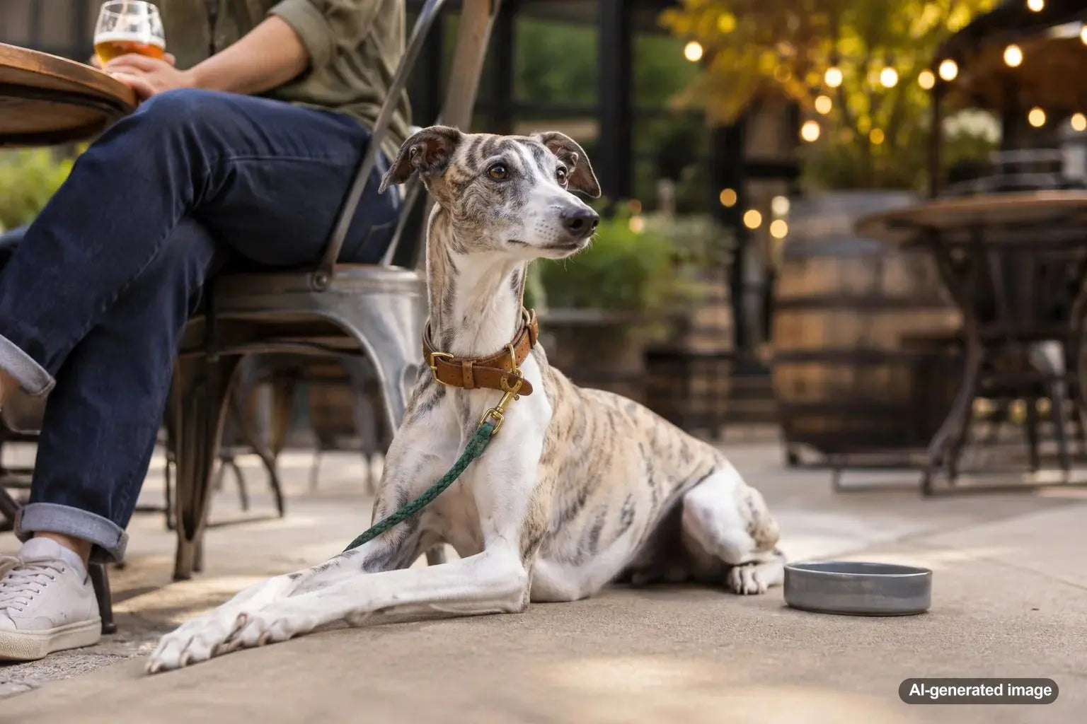 Dog relaxing beside its owner during a dog-friendly brewery patio visit