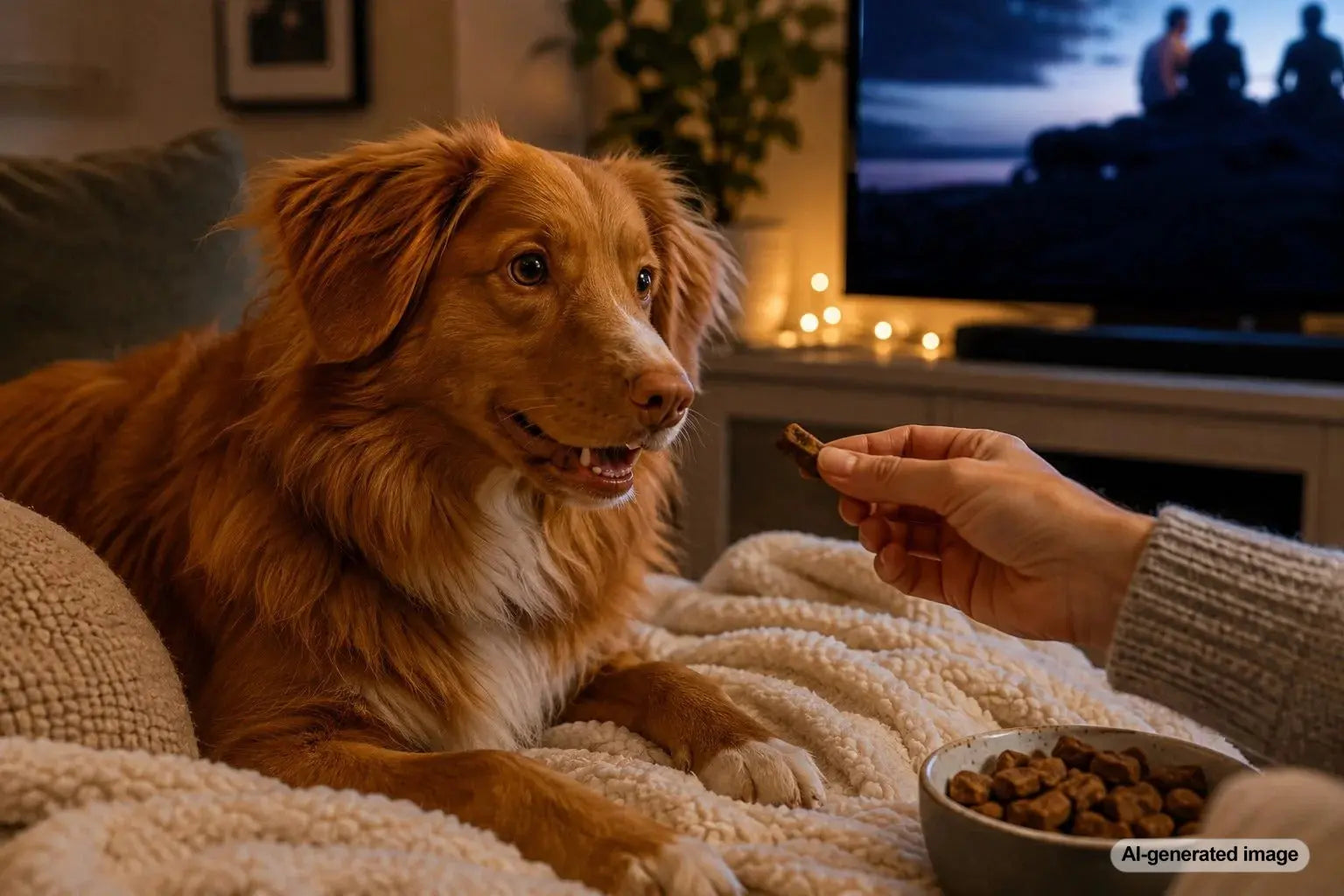 Dog relaxing at home during a cozy dog-friendly movie night with safe treats