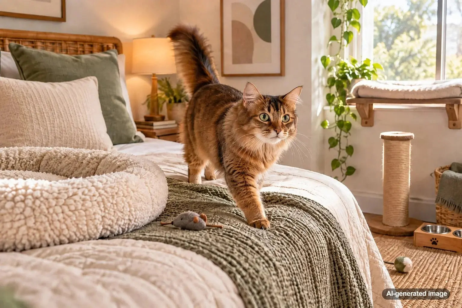 Cozy cat-friendly guest room with a comfortable resting area and enrichment space