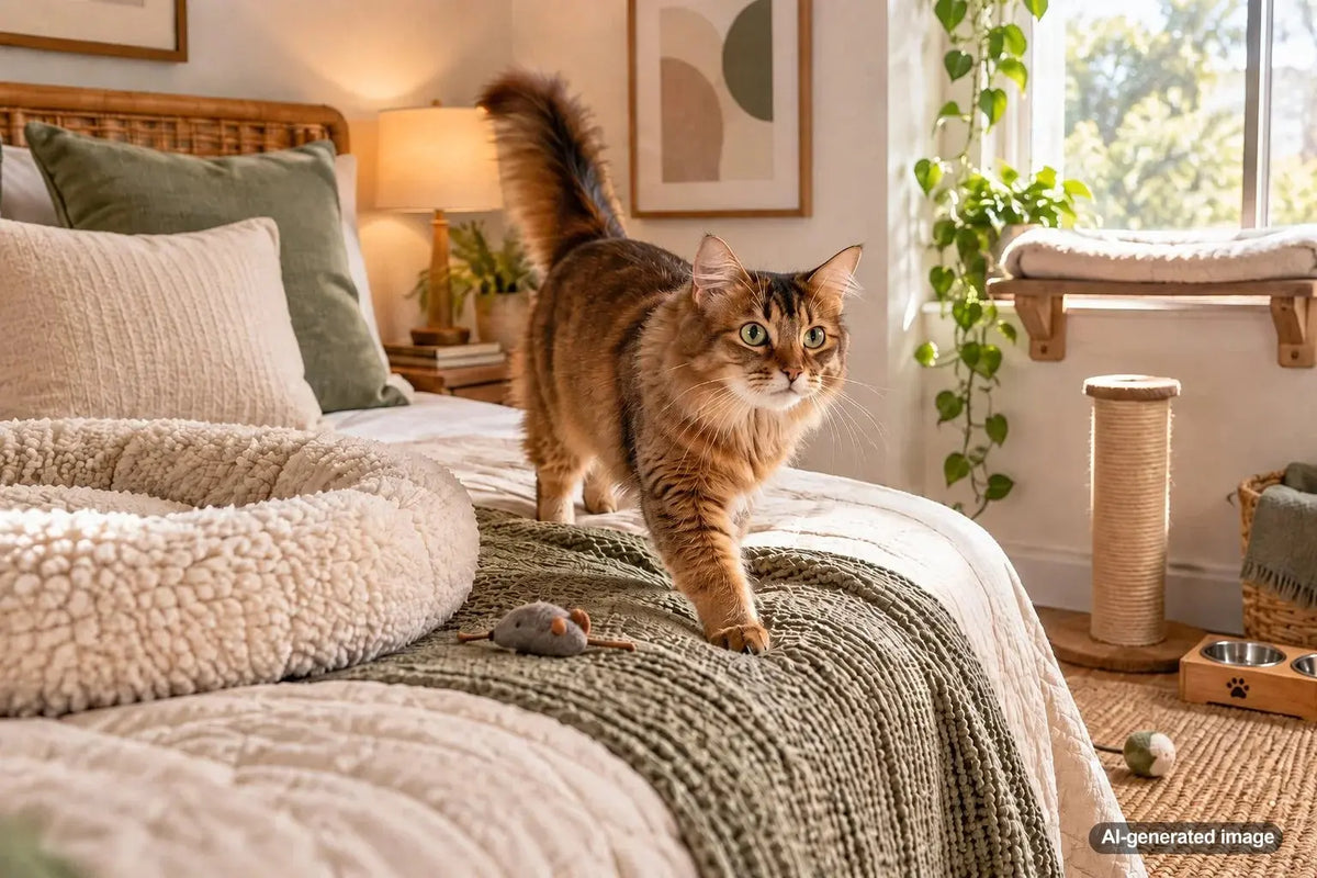 Cozy cat-friendly guest room with a comfortable resting area and enrichment space