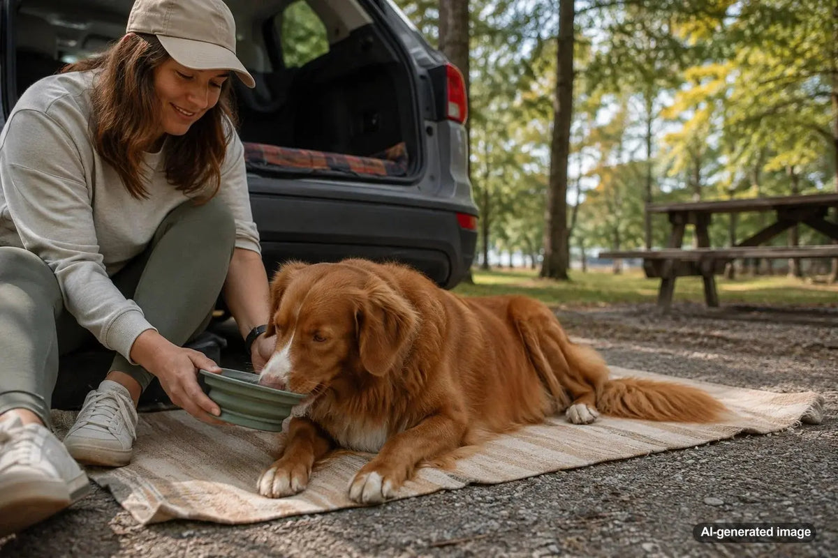 Dog taking a calm, leashed break with its owner at a pet-friendly roadside stop