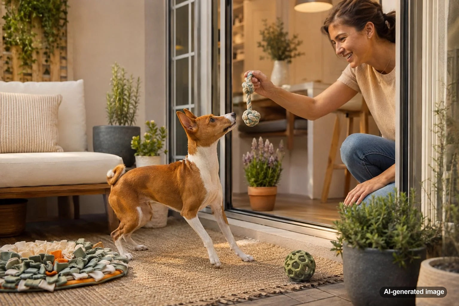 Dog enjoying enrichment activities and treats on a small outdoor patio