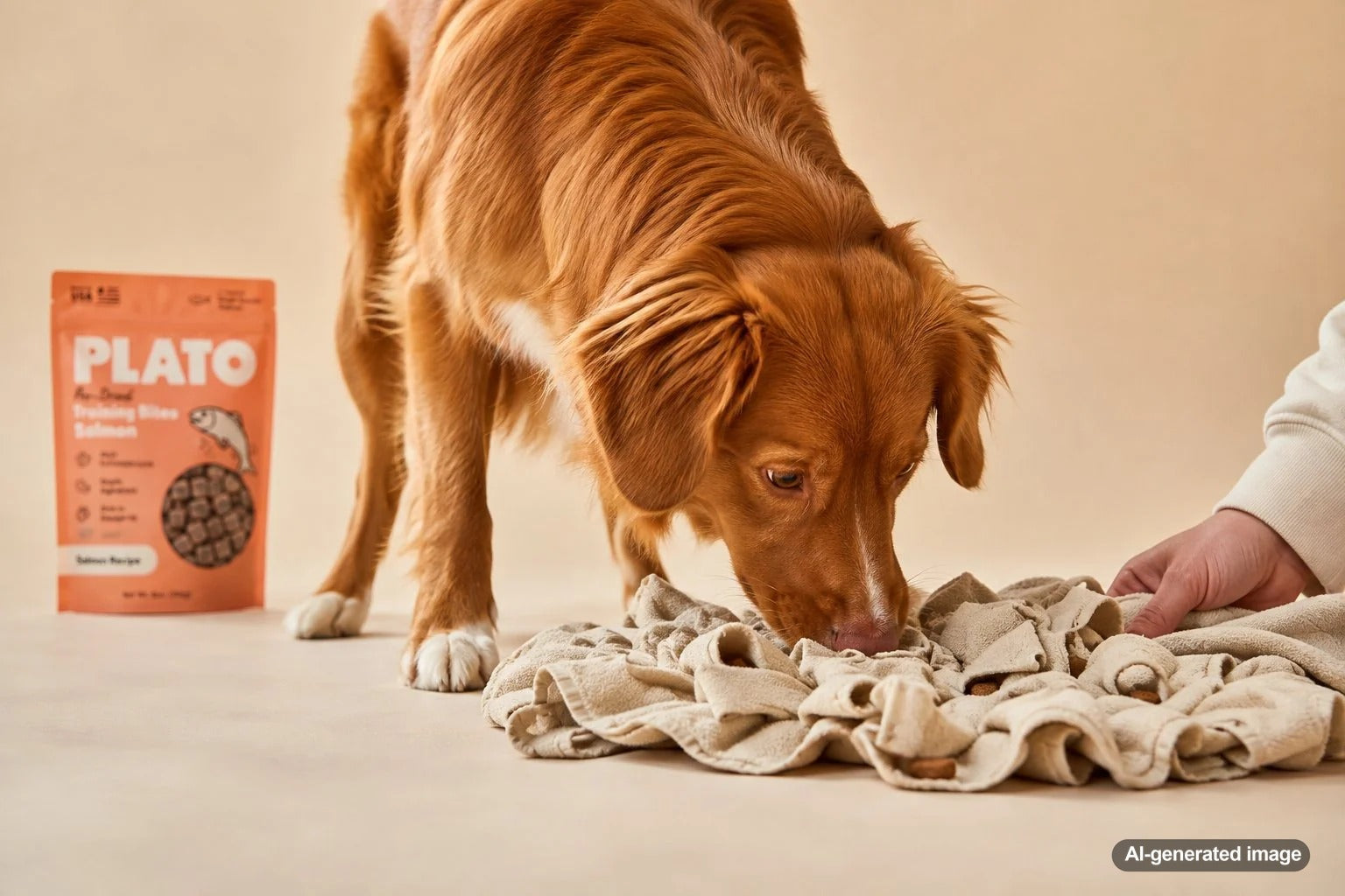 Dog using a homemade snuffle towel game to search for hidden treats