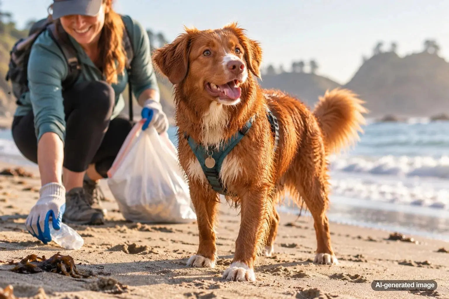 Dog enjoying a beach outing with its owner while they collect litter to help keep the shoreline clean and wildlife safe