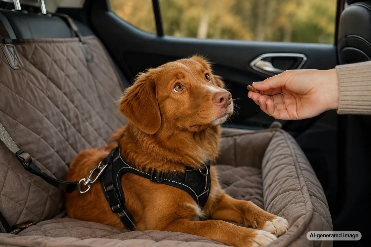 Dog riding comfortably in a car after training to reduce pacing and travel anxiety