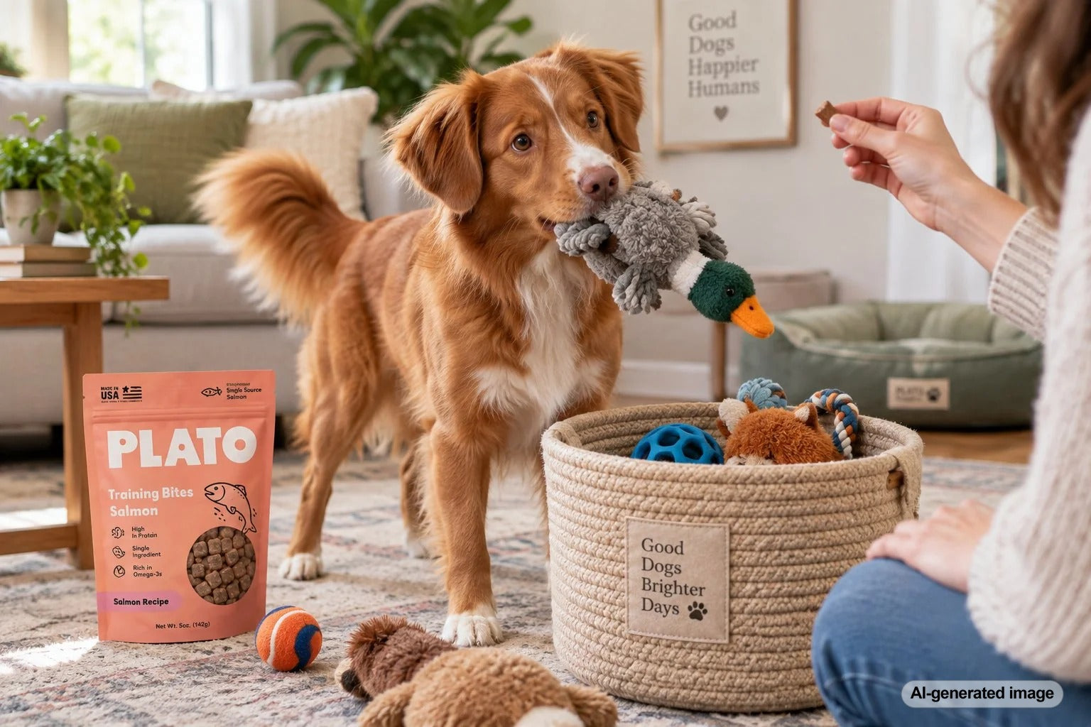 Dog learning to put toys into a basket during a fun cleanup training game
