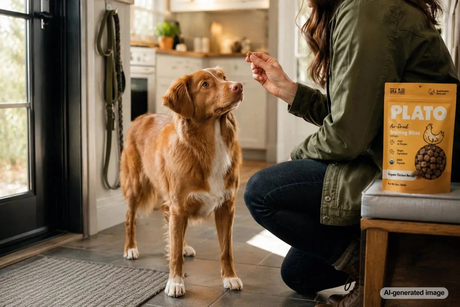 Dog enjoying an enriching daily walk while receiving a small training treat reward