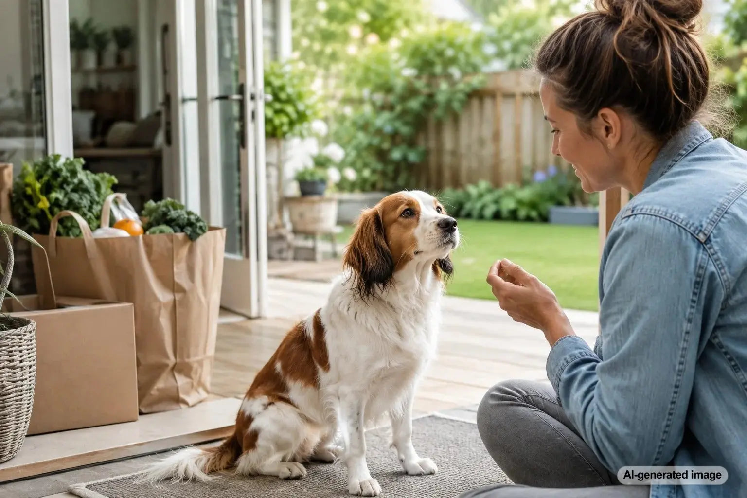 Dog waiting calmly while grocery delivery bags are brought into a home