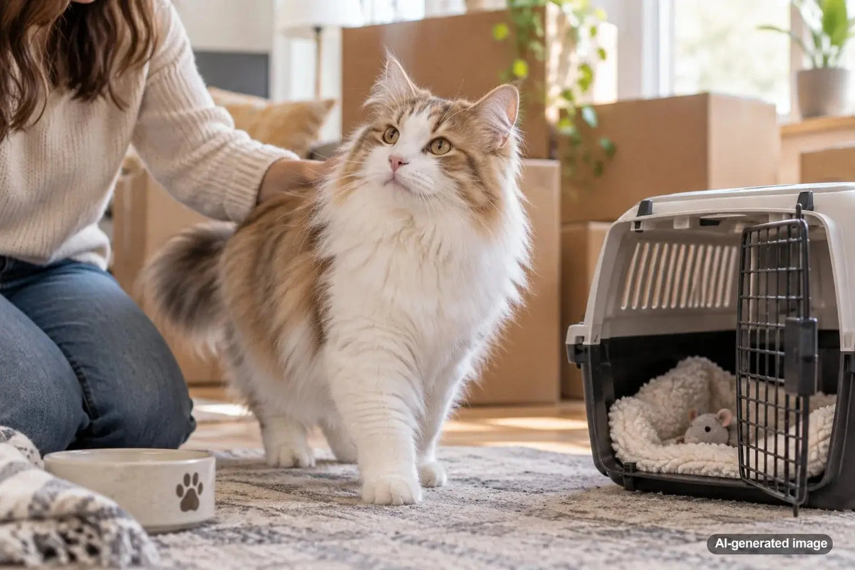 Cat resting safely near moving boxes during a move to a new home