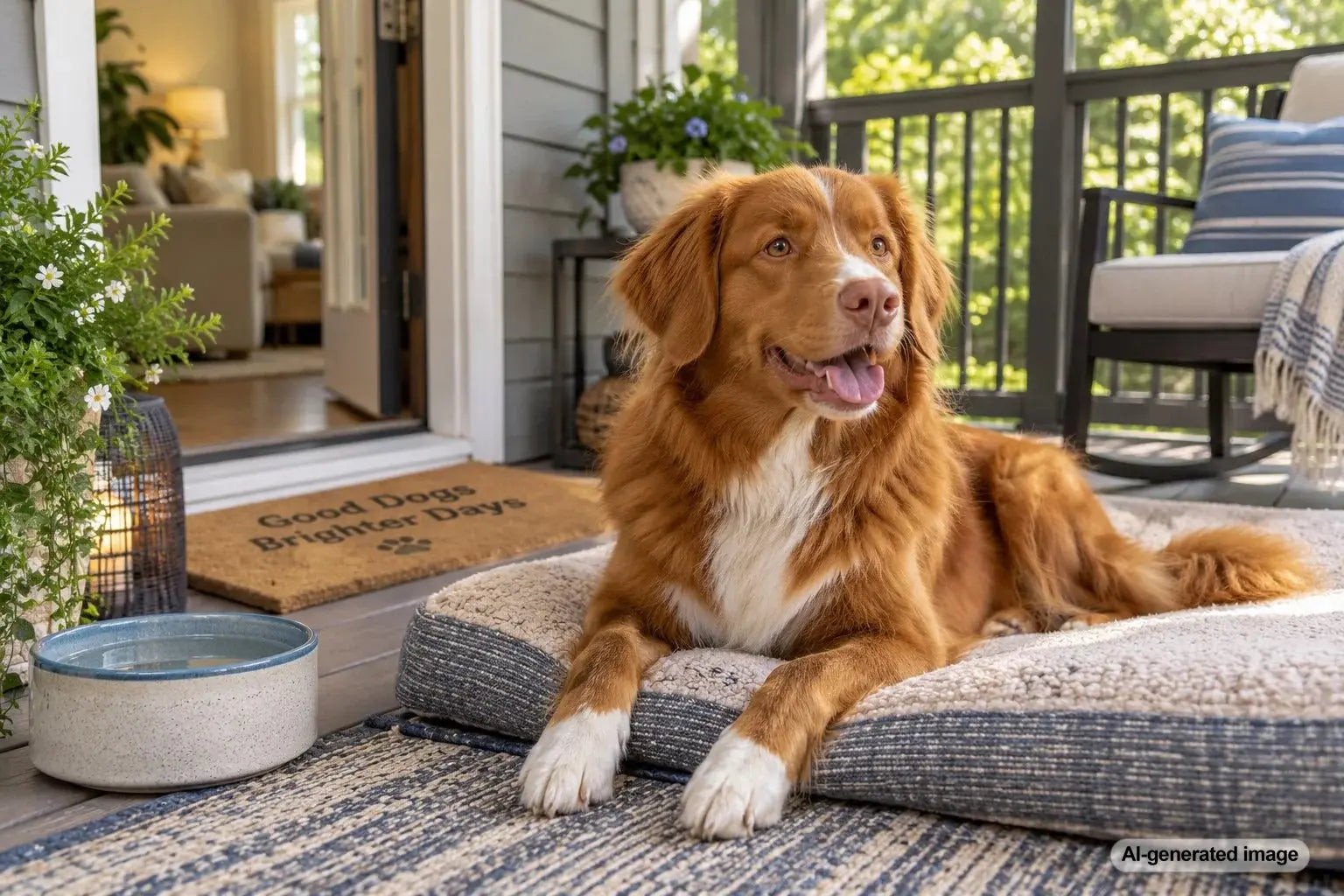 Relaxed dog enjoying safe and comfortable porch time at home