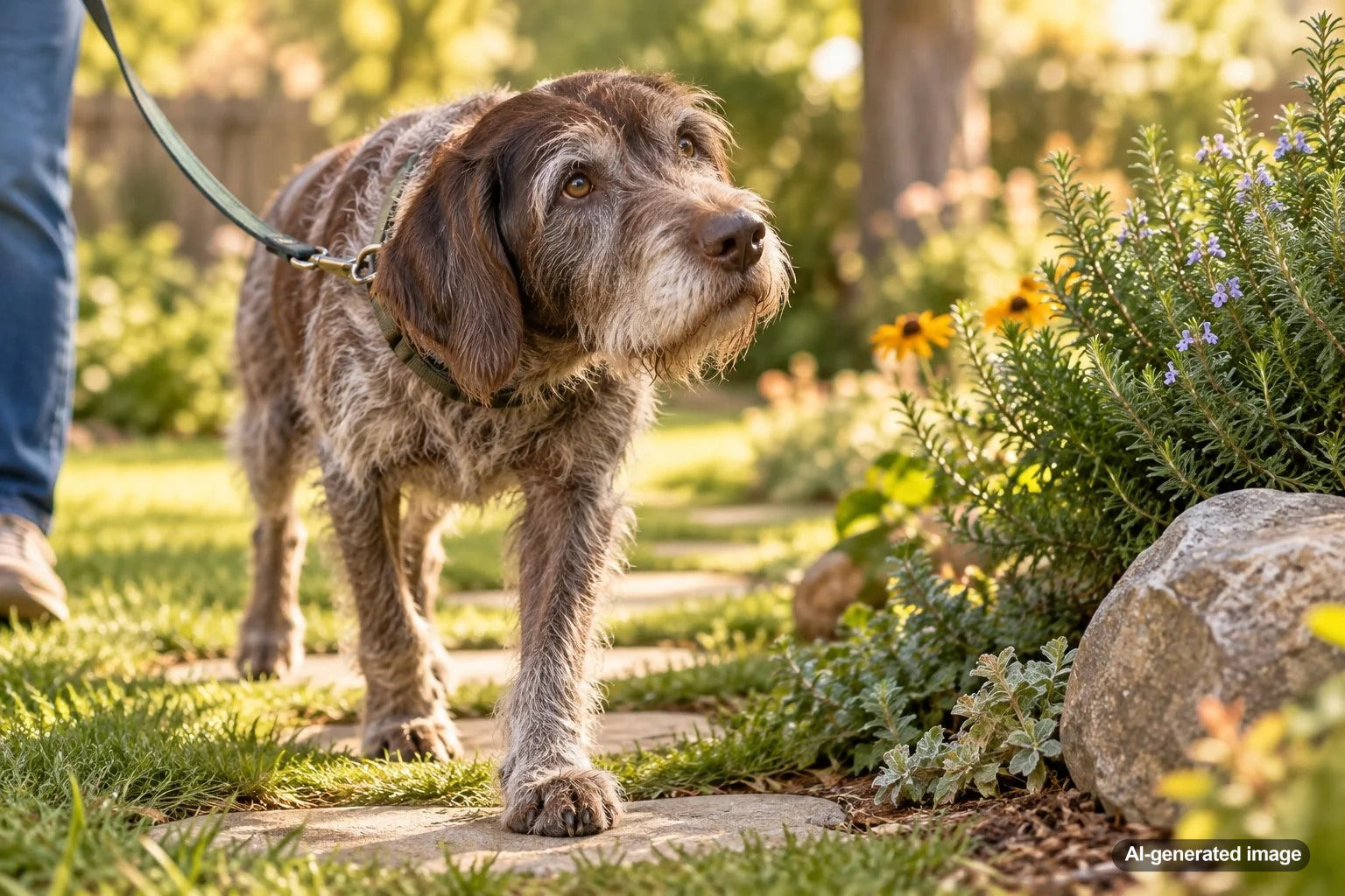 Senior dog enjoying a short, enriching walk with time to sniff and explore