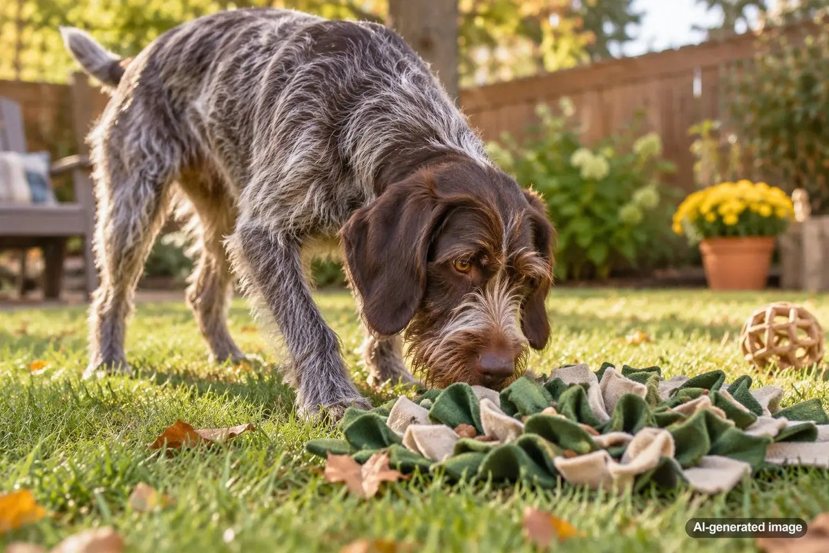 Dog enjoying mentally enriching yard time with scent games and treat searching