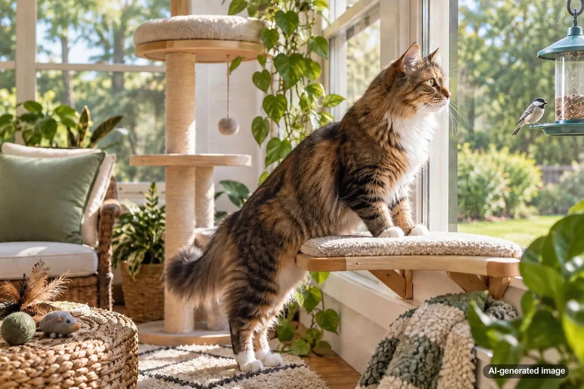 Indoor cat enjoying an enriched favorite room with climbing, resting, scratching, and play opportunities