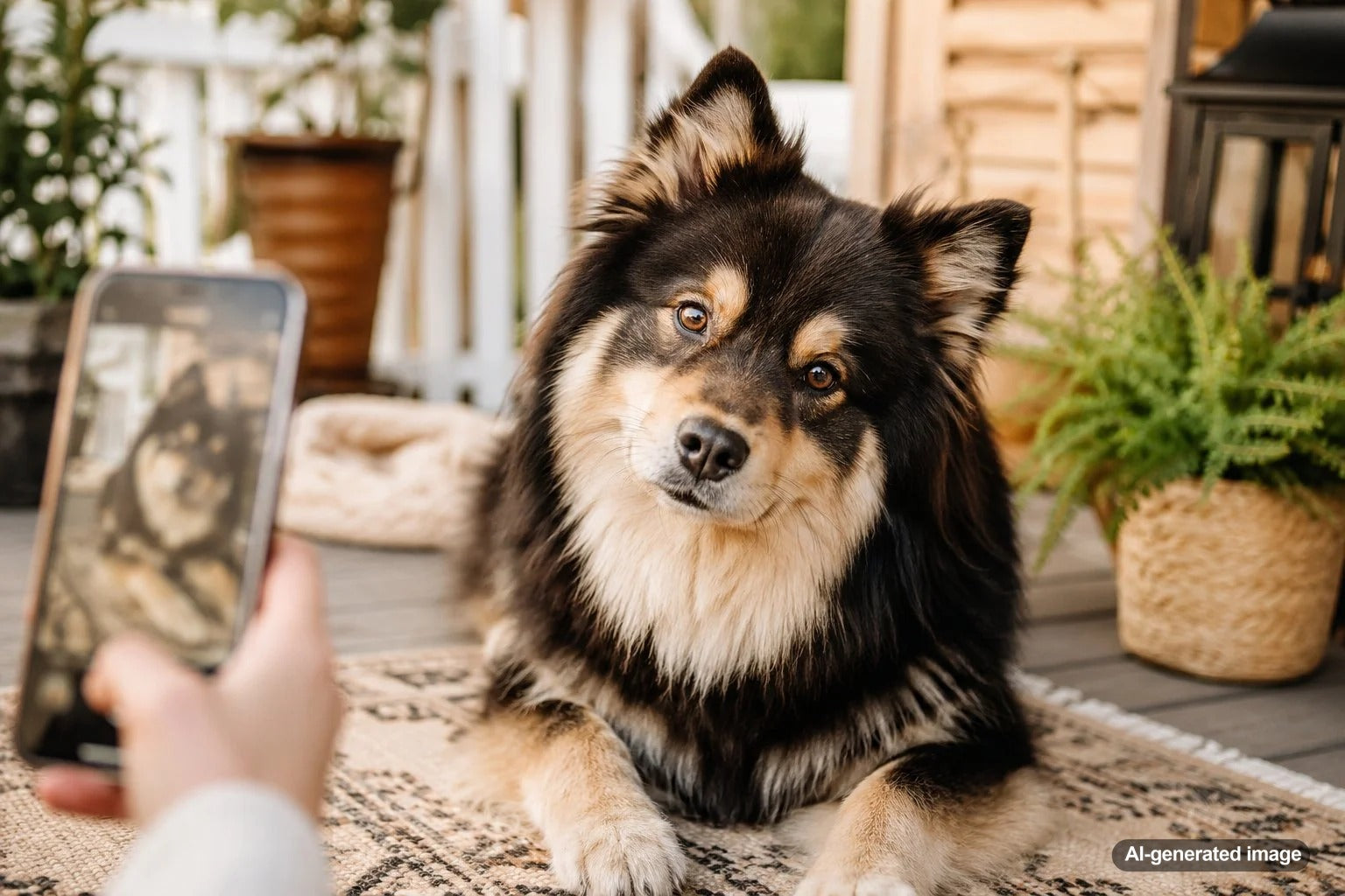 Pet posing for a smartphone photo while creating content for a popular Instagram account