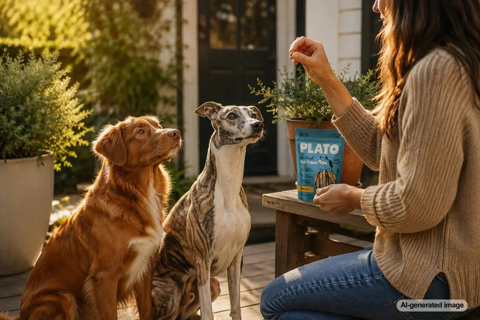 Multiple dogs calmly waiting together for treats during organized treat time at home