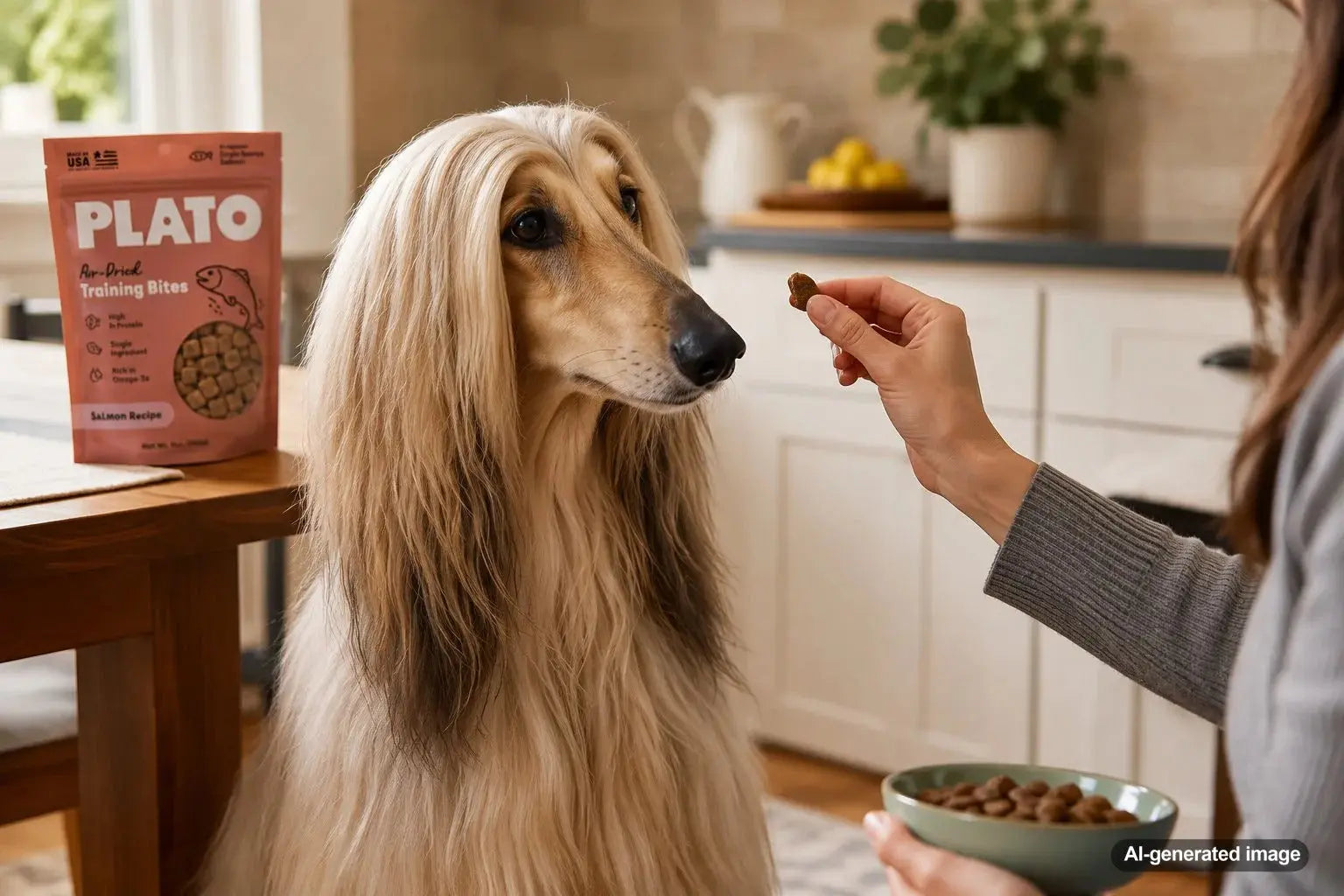 Afghan Hound being rewarded with high value training treats during a positive reinforcement session