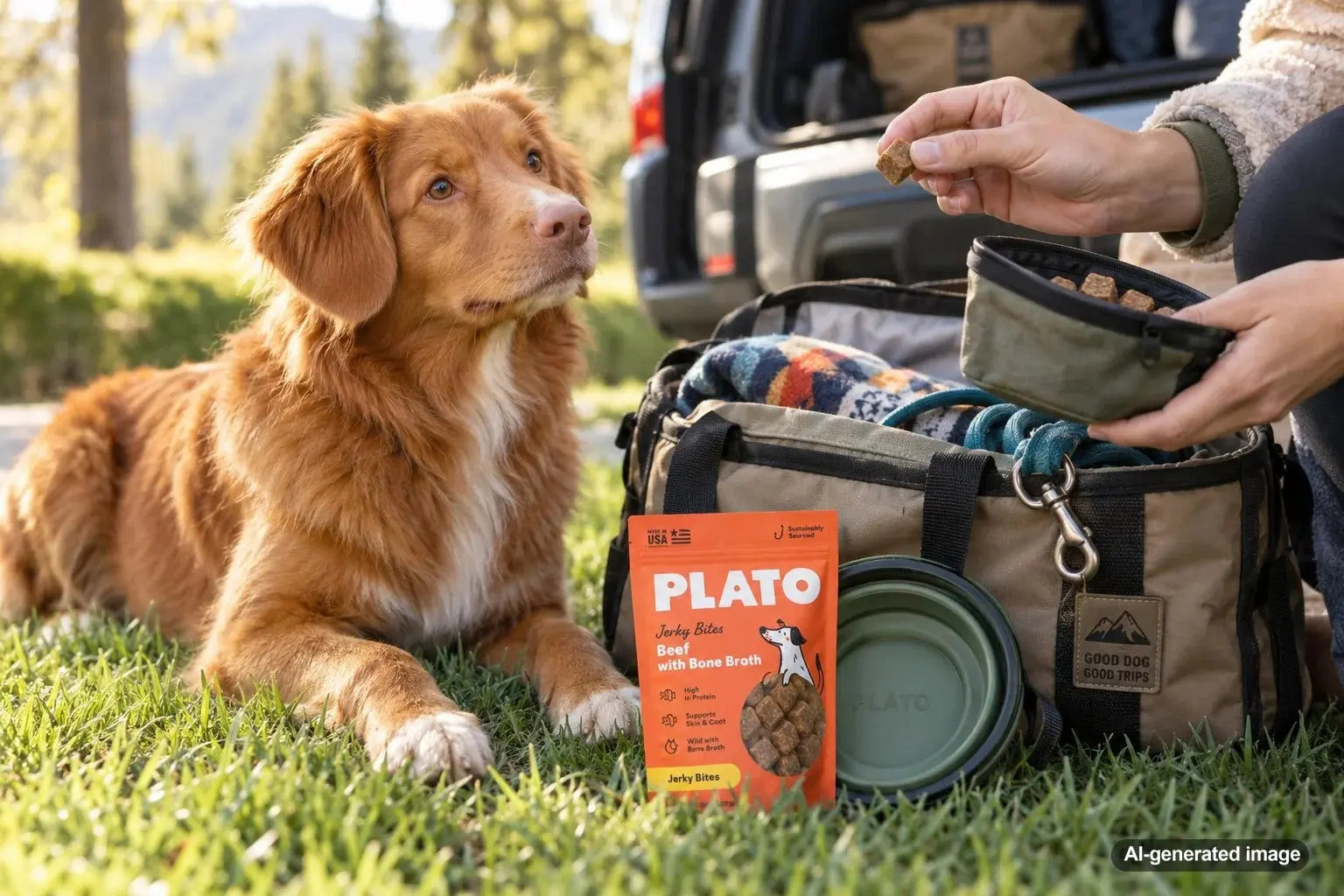 Dog treats packed neatly in a travel bag for a road trip with a dog