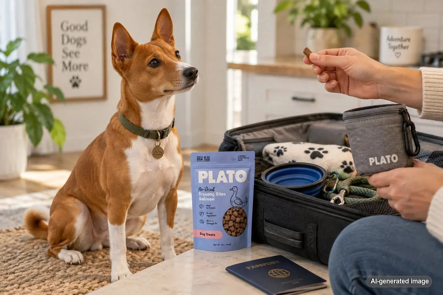 Pet treats packed in a travel bag for air travel with a dog or cat