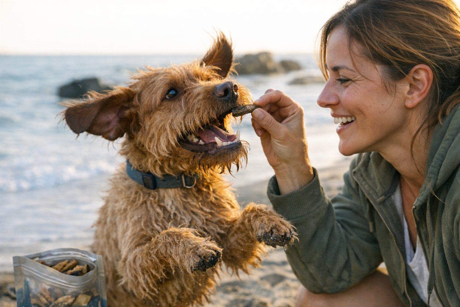 Dog owner choosing healthy fish treats for dogs without fillers