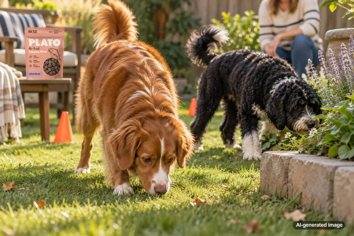 Multiple dogs enjoying a supervised backyard treat hunt and sniffing game