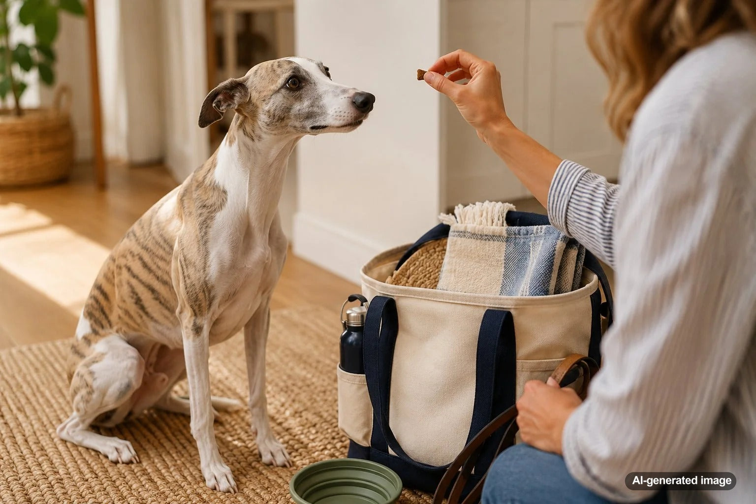 Dog enjoying a simple dog-friendly picnic outdoors with water, treats, leash, and a picnic blanket