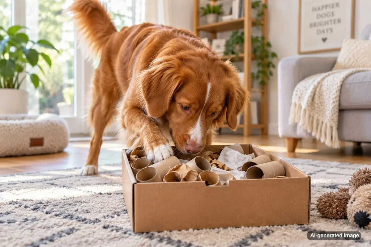Dog enjoying a no-cost enrichment day with simple scent games and activities at home