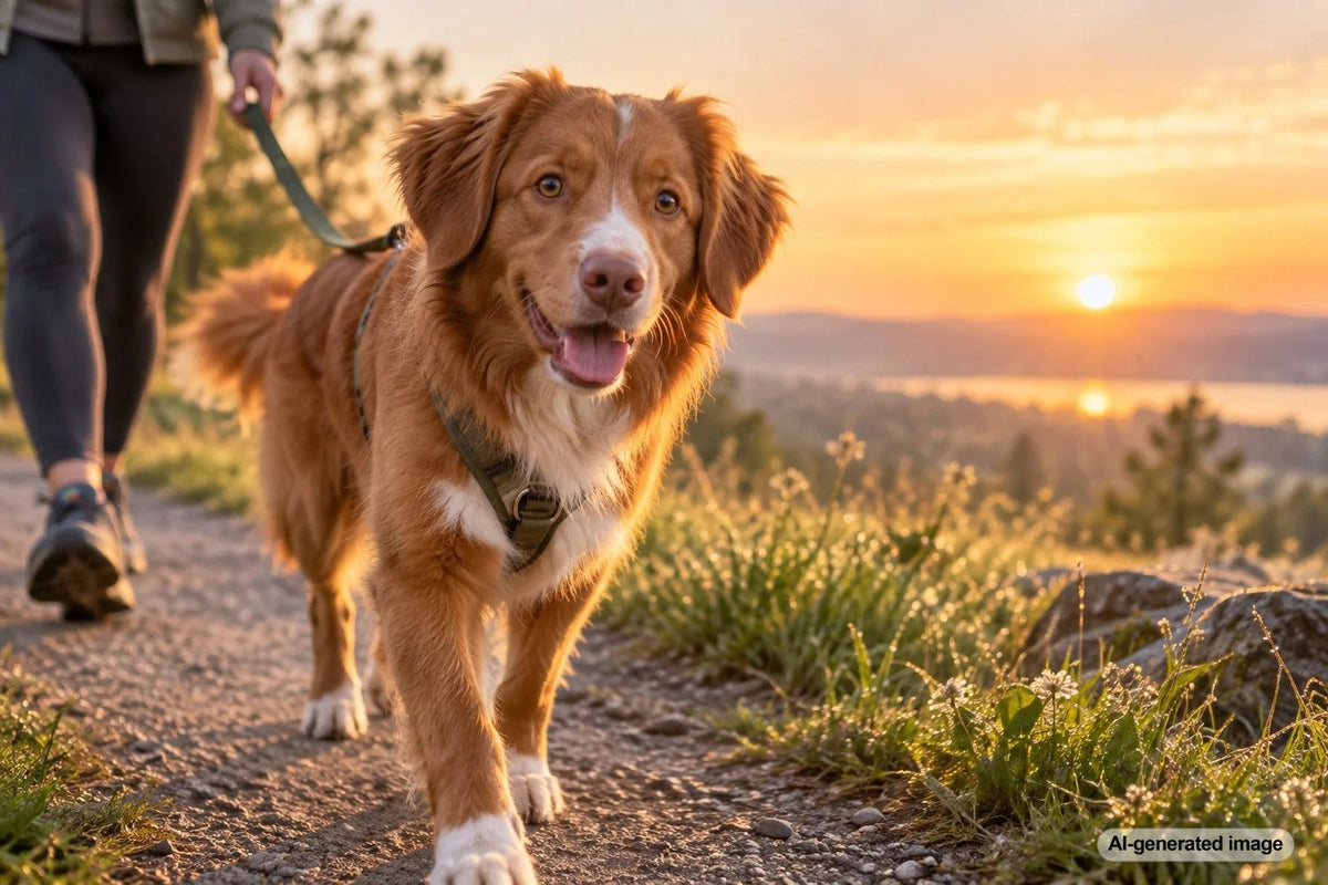 Dog and owner enjoying a peaceful sunrise walk together in the early morning