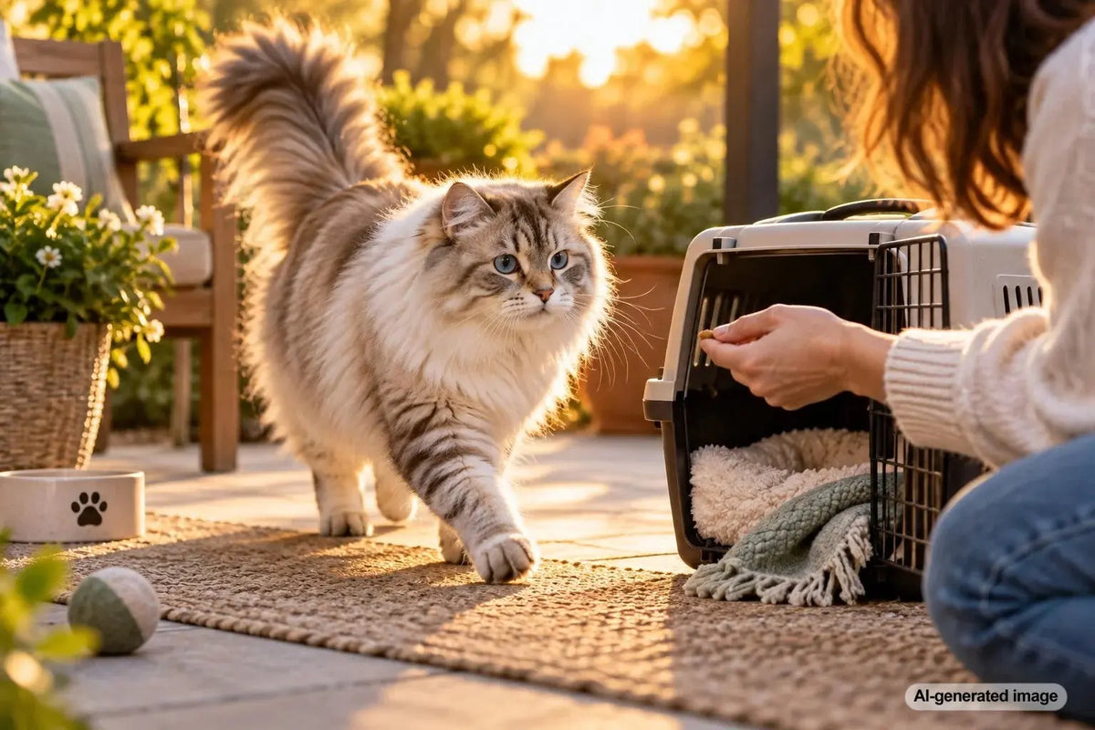 Cat meeting a trusted pet sitter in a comfortable home before its owner travels