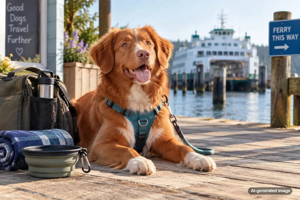 Dog traveling calmly with its owner during a ferry ride