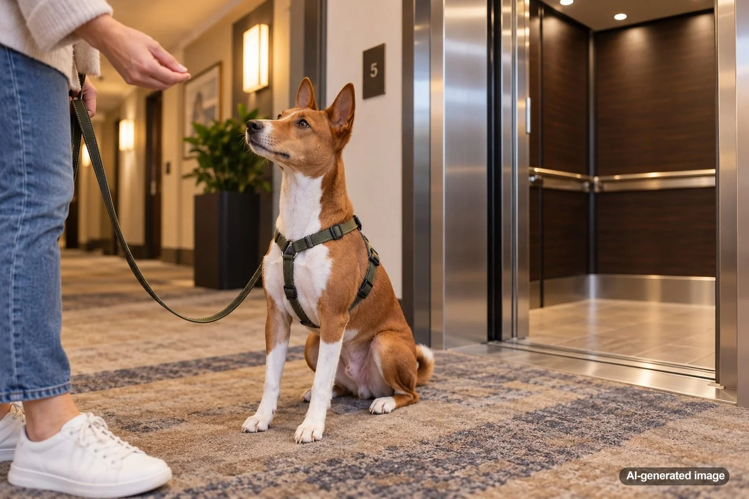 Dog calmly riding a hotel elevator with its owner during pet-friendly travel