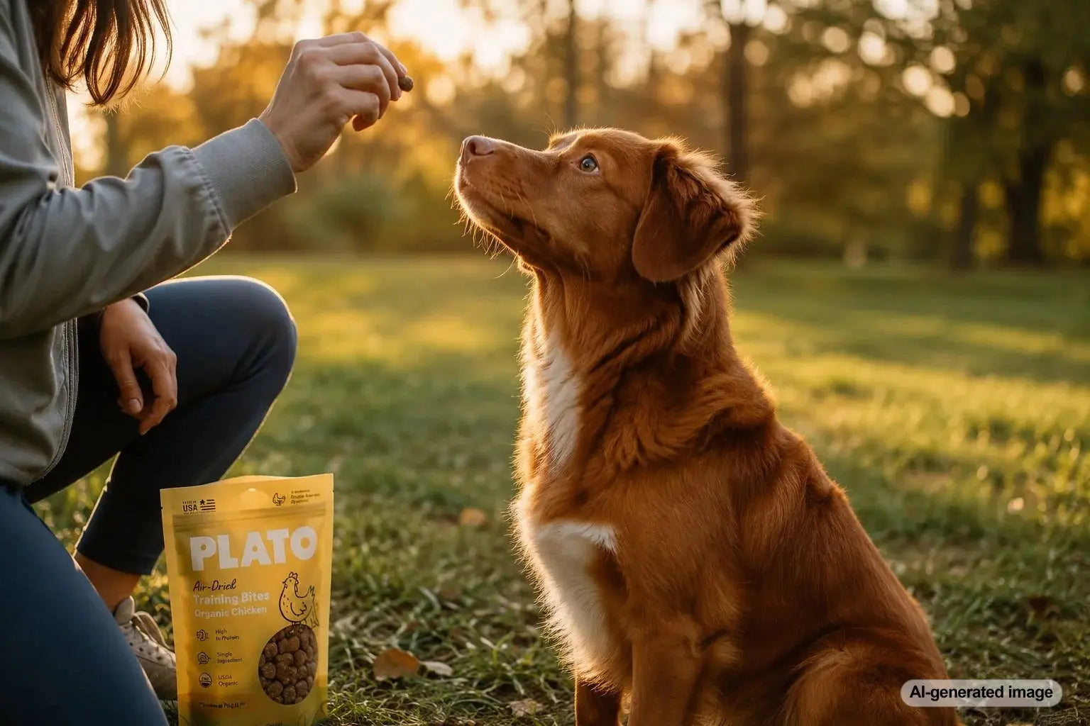 Dog owner using small training treats to reward a dog during a training session