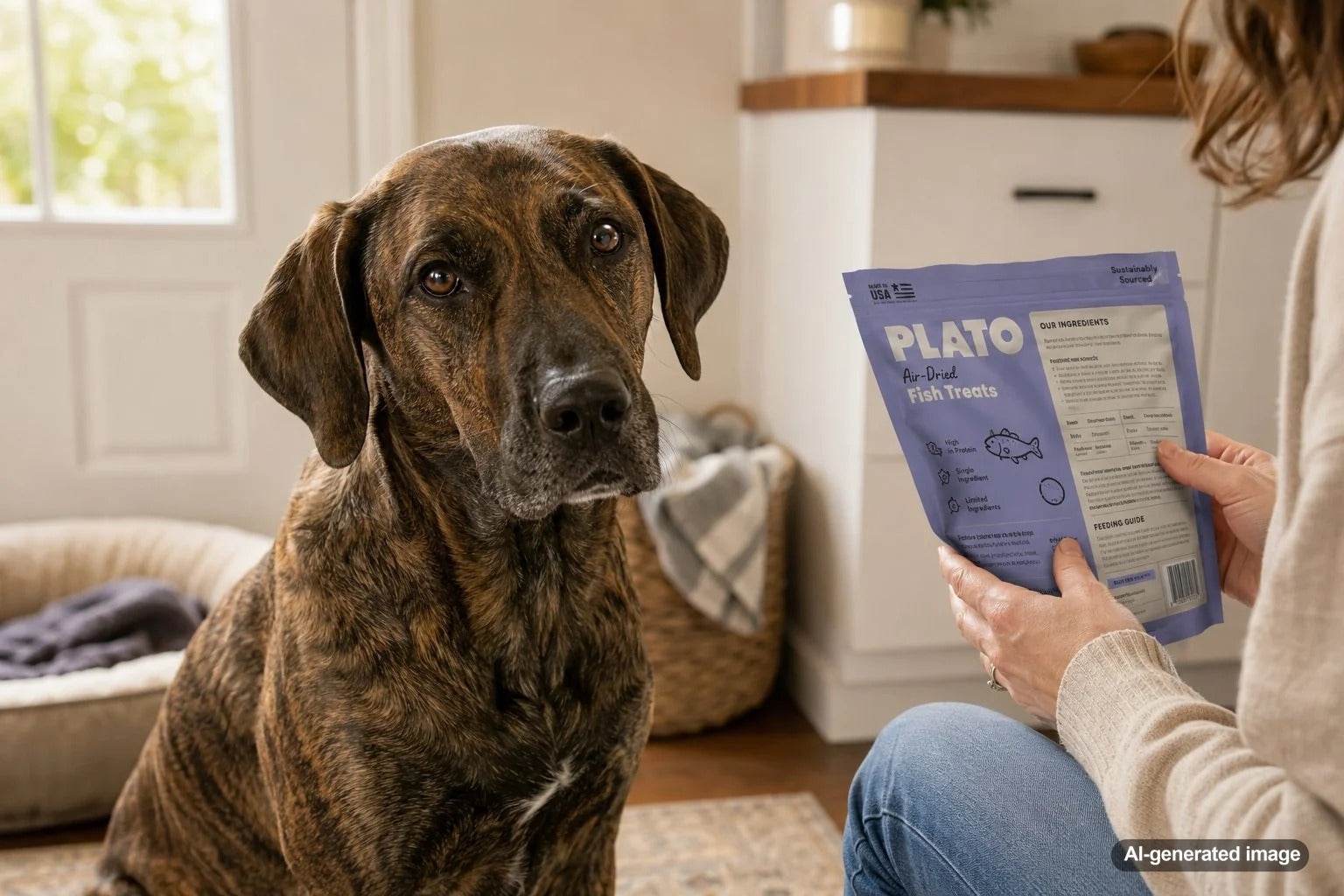 Pet parent reading a dog treat ingredient list while choosing healthy treats for a dog
