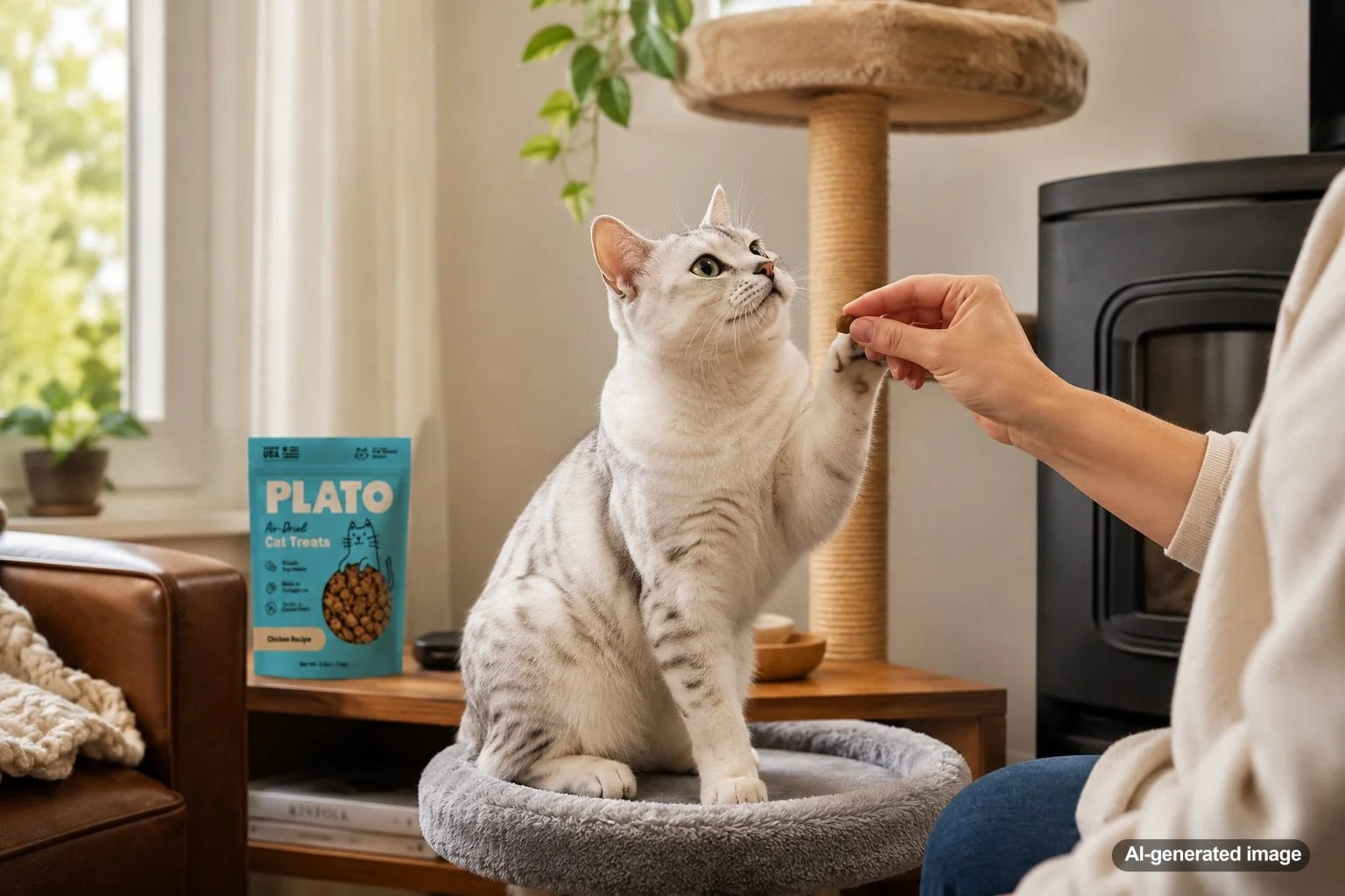 Cat calmly receiving a treat as a reward without begging