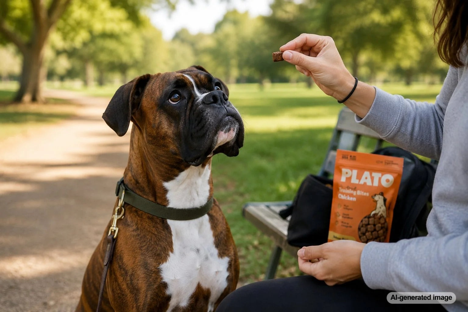 Excitable Boxer calmly waiting for a training treat during a positive reinforcement session