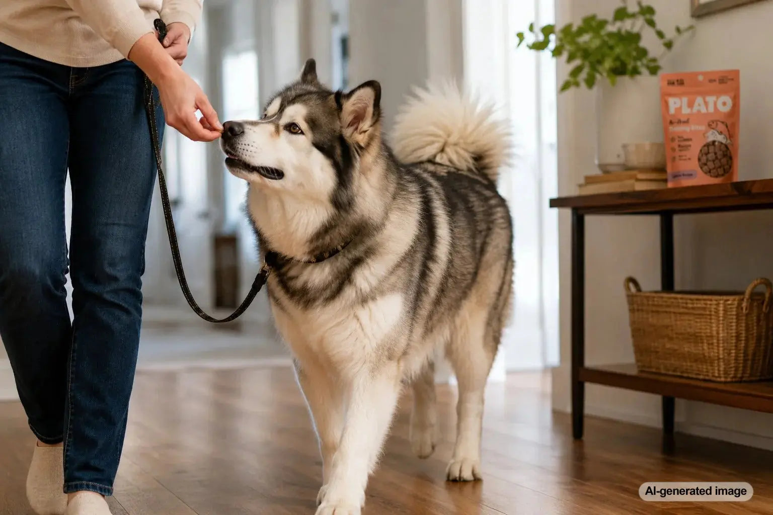 Powerful Alaskan Malamute walking calmly on leash while being rewarded with training treats