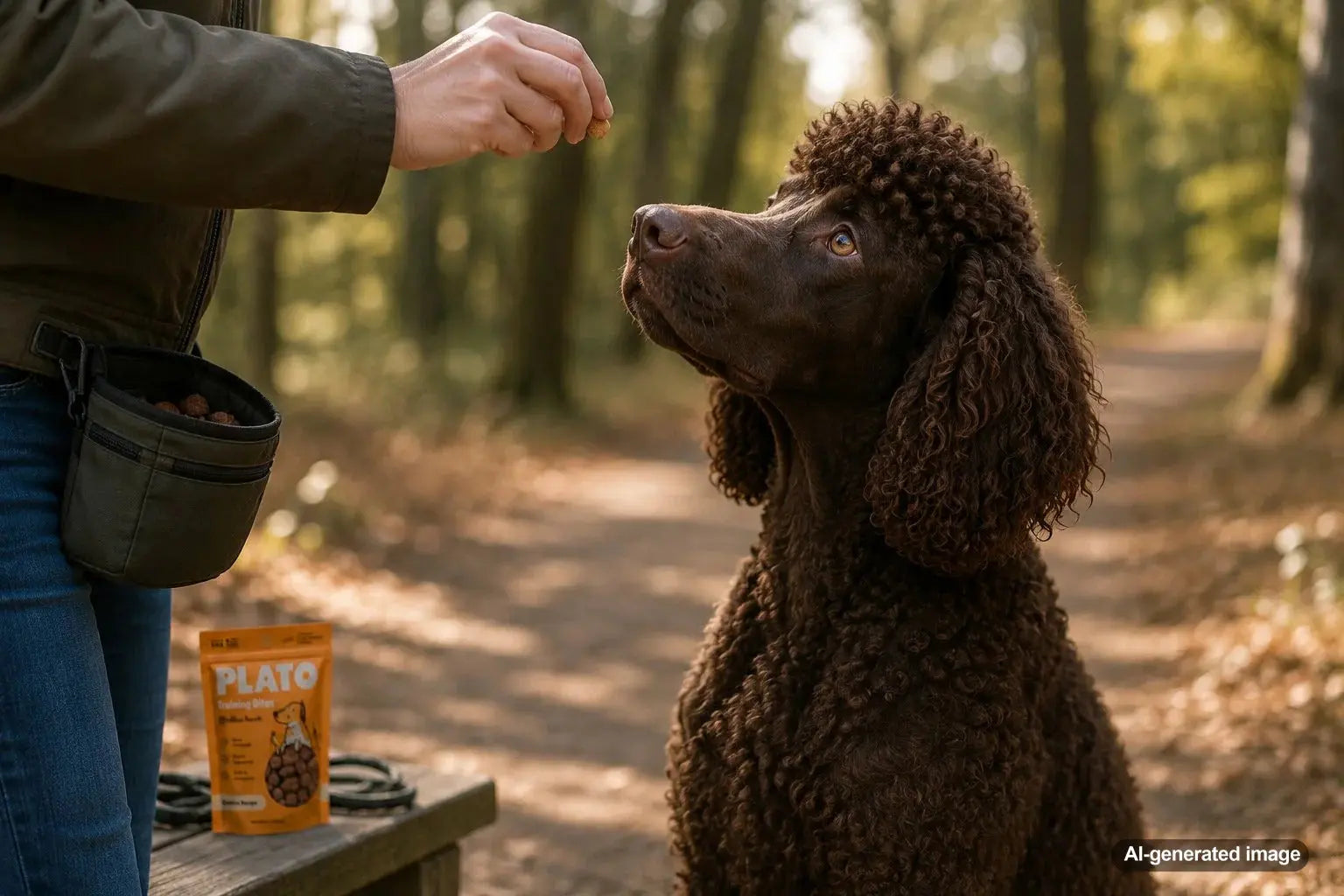Irish Water Spaniel receiving a bite-size reward for focused attention during active outdoor training
