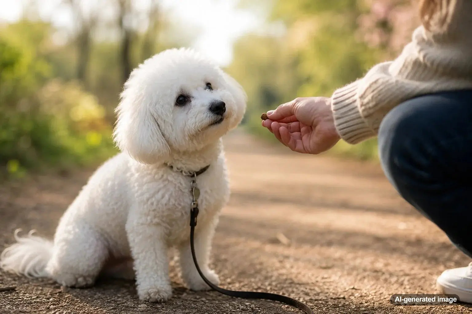 Bolognese dog practicing gentle manners with positive treat-based training
