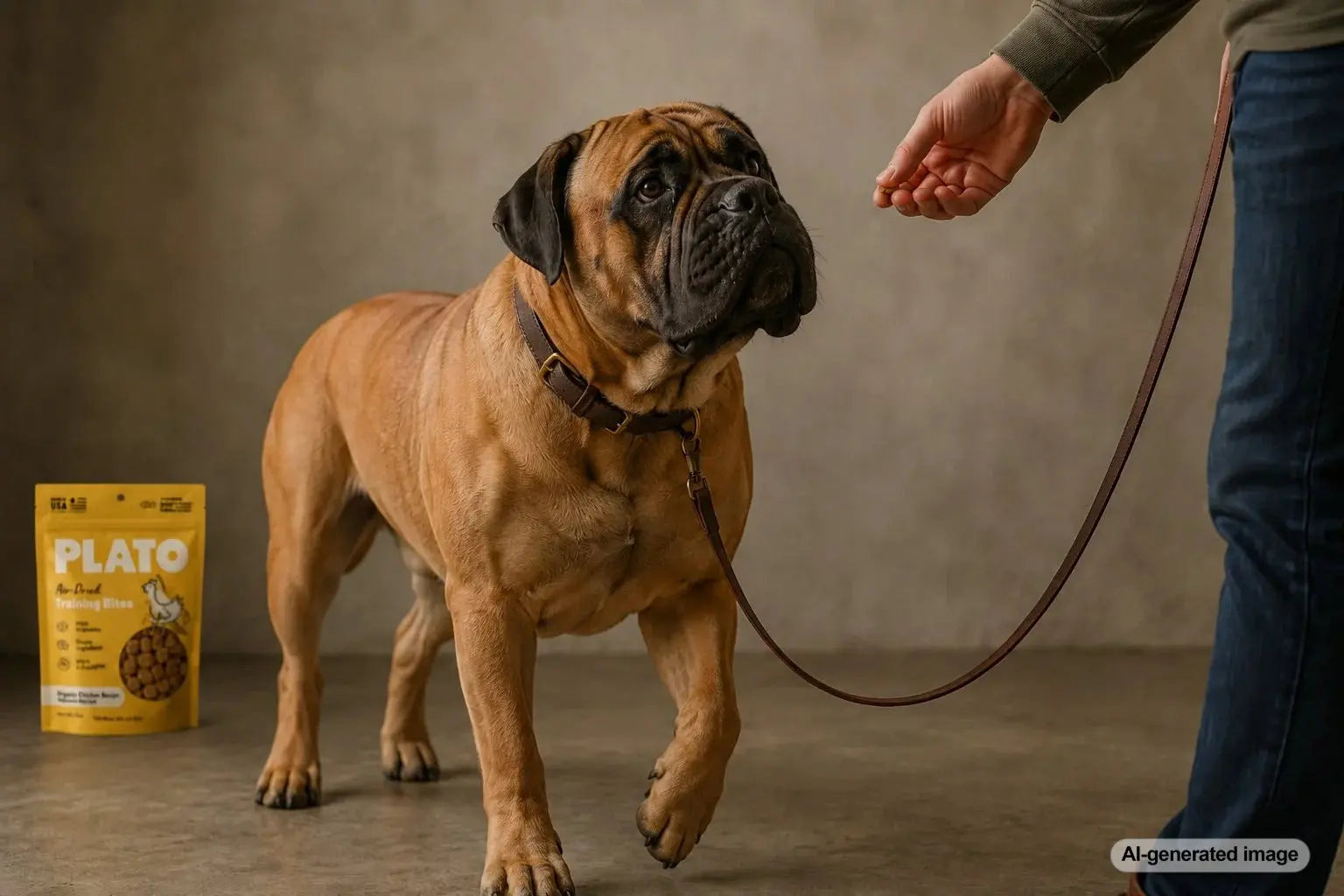 Bullmastiff practicing calm loose-leash walking with treat rewards during an outdoor training session