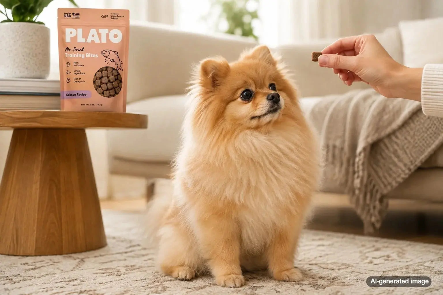 Pomeranian calmly waiting for a training treat during quiet behavior practice