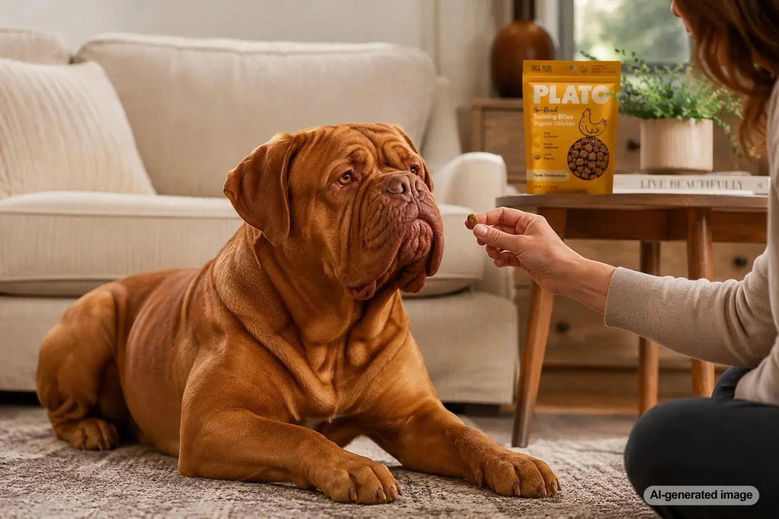 Dogue de Bordeaux relaxing calmly at home while being rewarded with healthy training treats