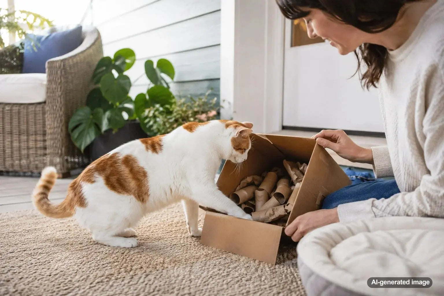 Cat enjoying a rotating enrichment activity with familiar toys and treat-based play at home