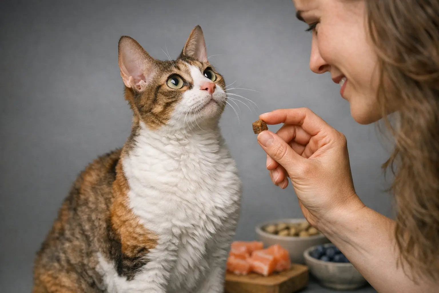 Cat enjoying a rotating variety of Plato Pet Treats flavors during treat time