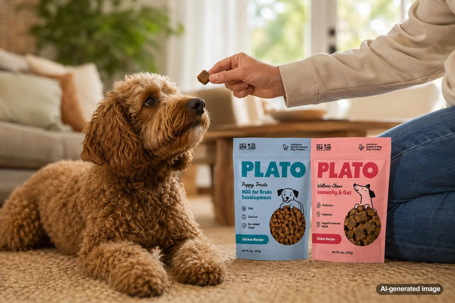 Dog owner carefully rotating several protein-based dog treats to support comfortable digestion